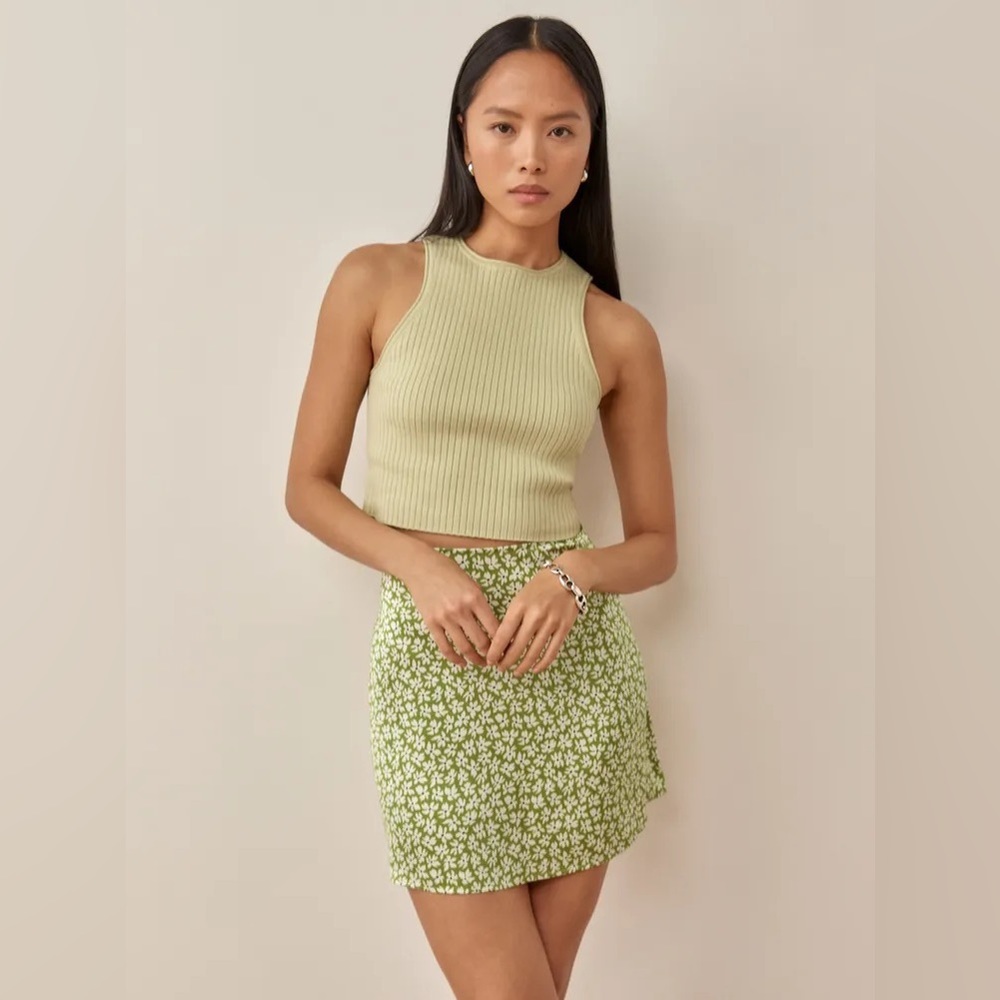 Reformation Green Floral Mini Skirt